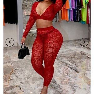 Long sleeve crop top w/bodycon lace pants set